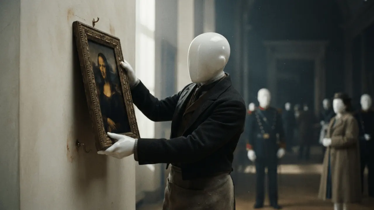 The thief lifts the small painting off the gallery wall