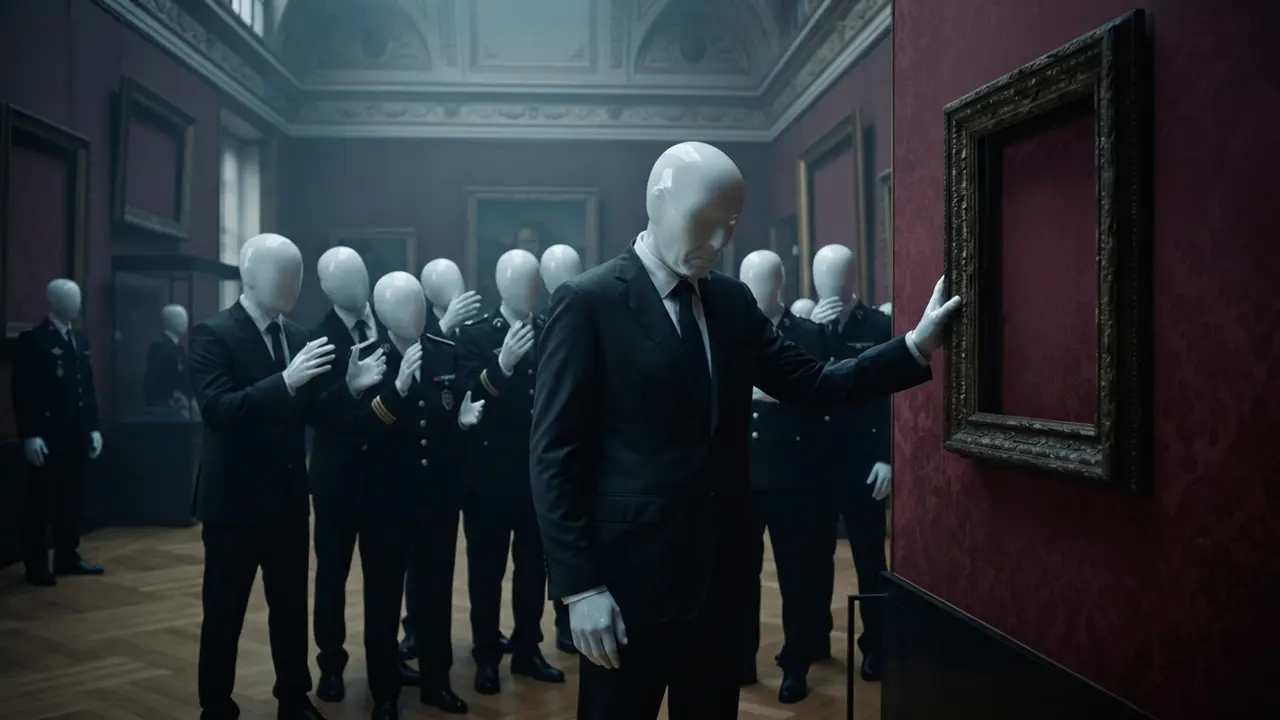Officials crowd around the empty frame where the painting hung