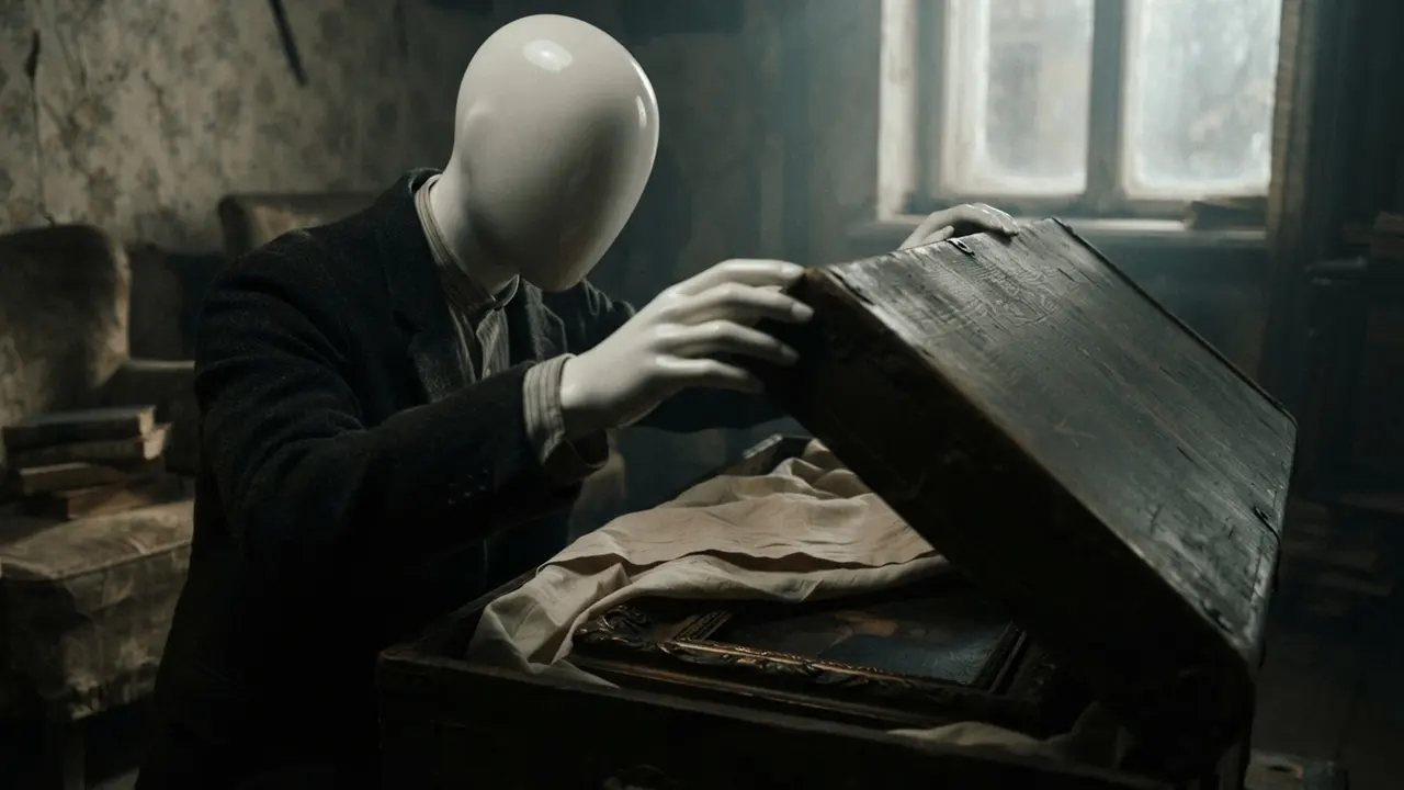 Hands open a wooden trunk in a small room