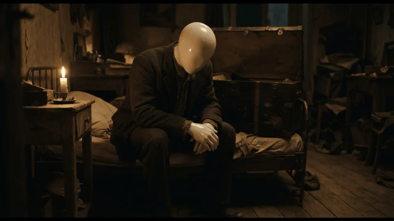 The thief sits on his bed in the dark, the trunk behind him