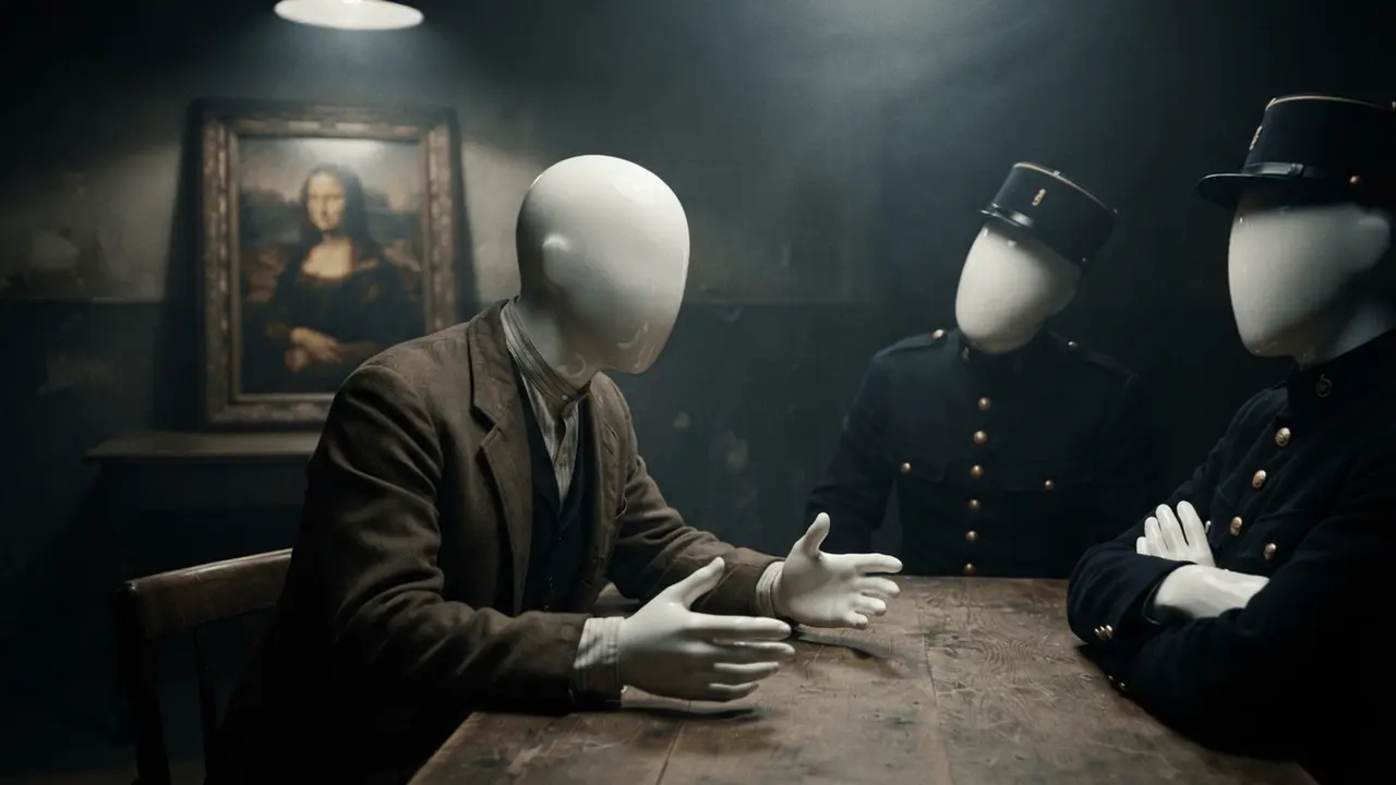 The thief questioned by officers, the painting on a table behind him