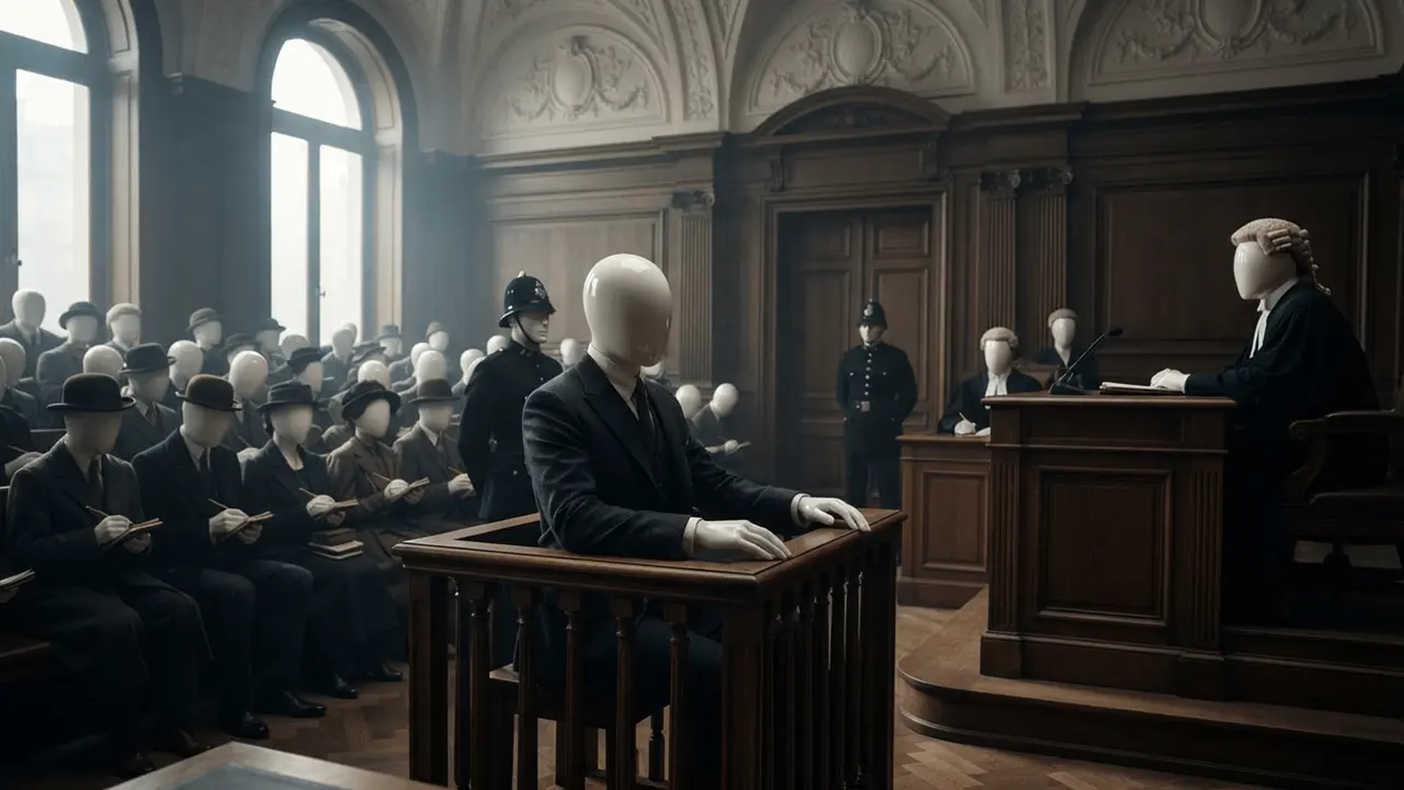 A packed courtroom, the accused in the dock