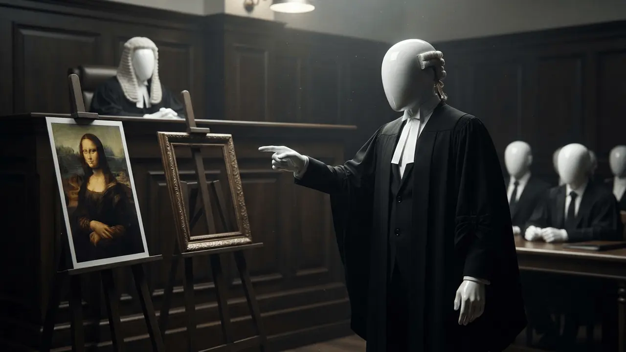 A lawyer points at the painting on an easel in court