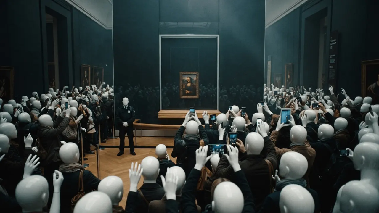 A crowd packed in front of the painting behind glass today