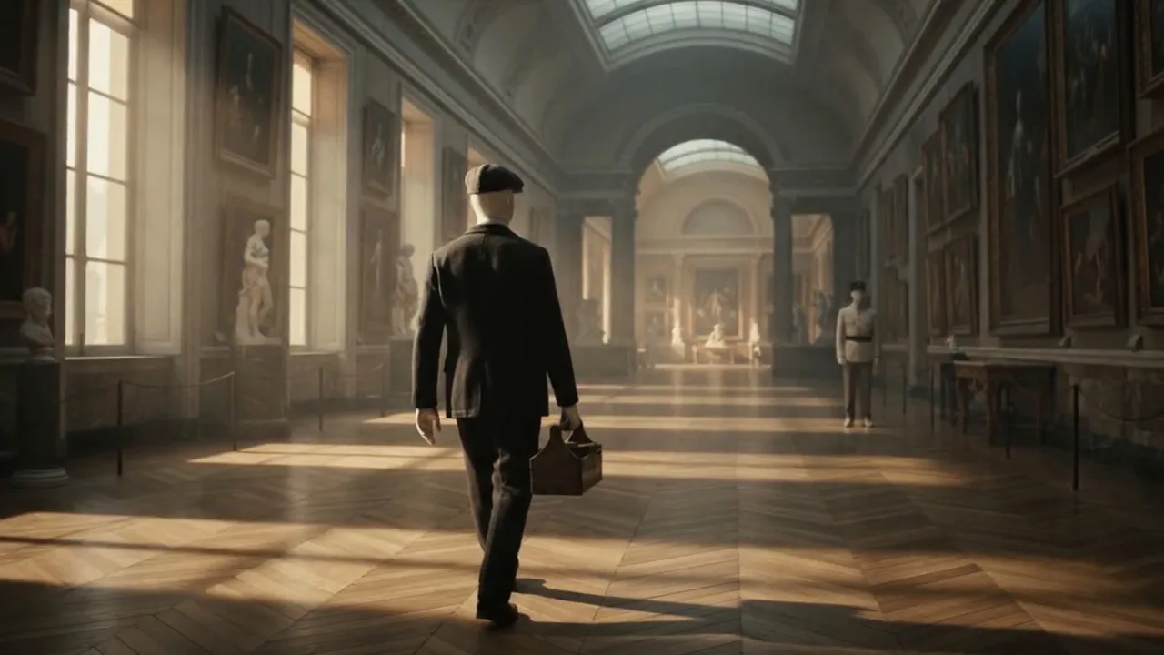 A man carrying a case down a long museum gallery