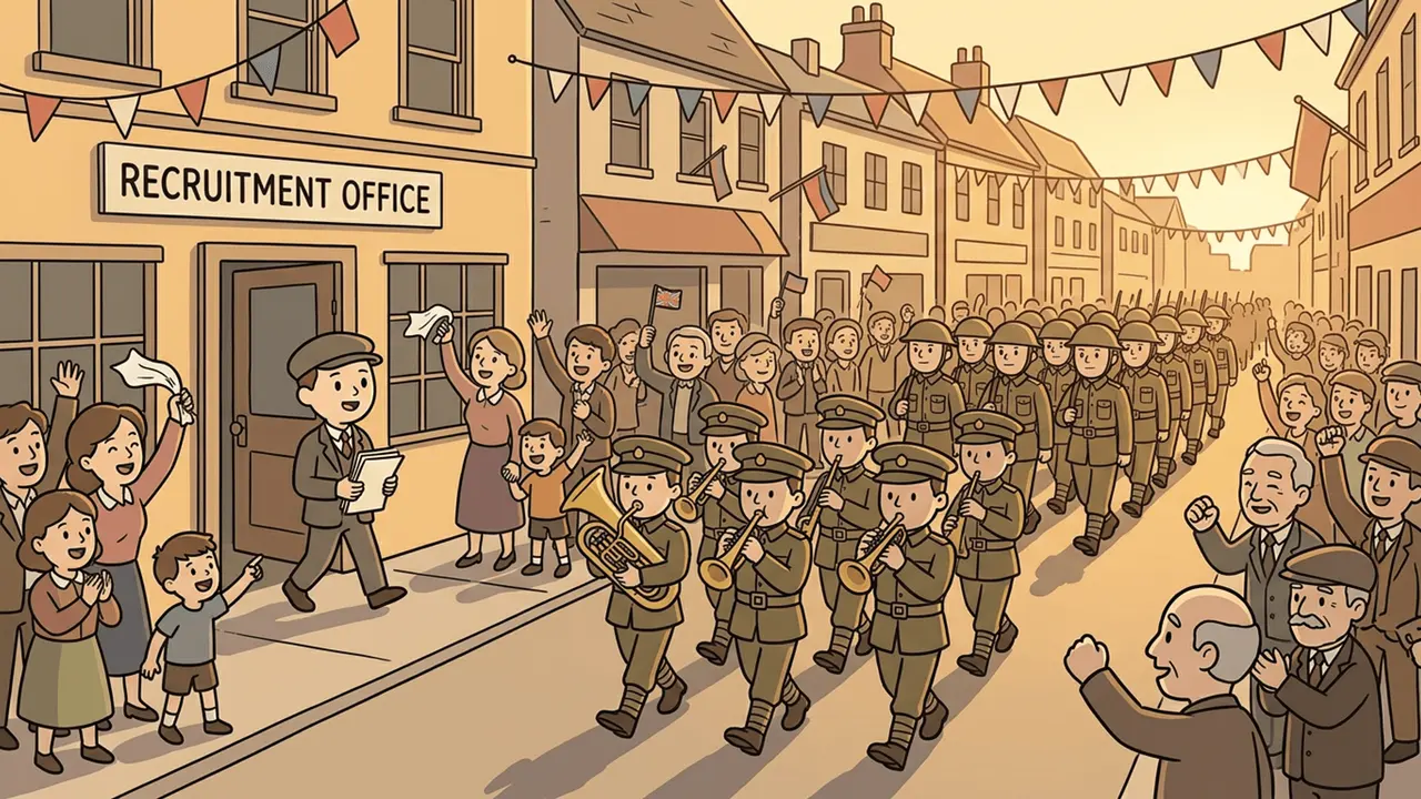 Cartoon crowds cheer marching soldiers outside a recruitment office