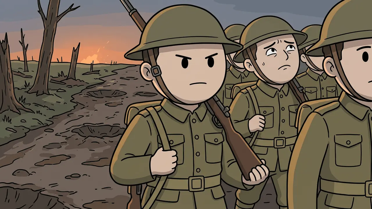 Soldiers march toward the front at dusk, a glow on the horizon