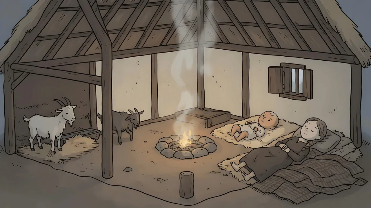 A cartoon peasant family asleep by a fire inside a thatched hut, with goats in the corner