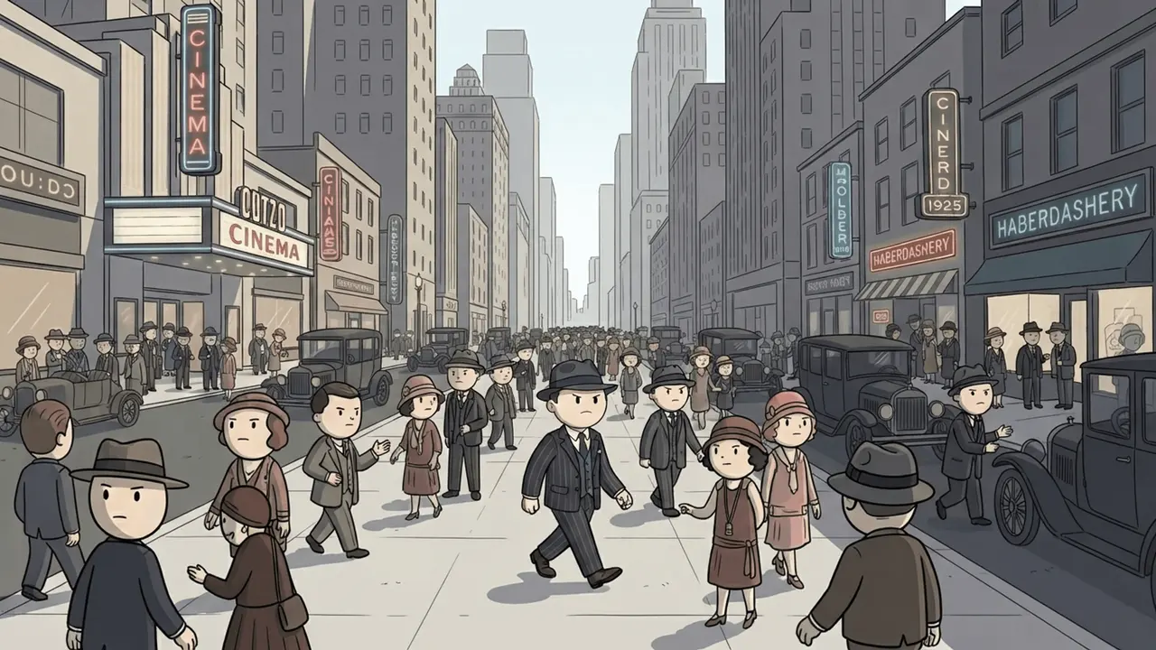A busy 1920s city street with cars and well-dressed crowds