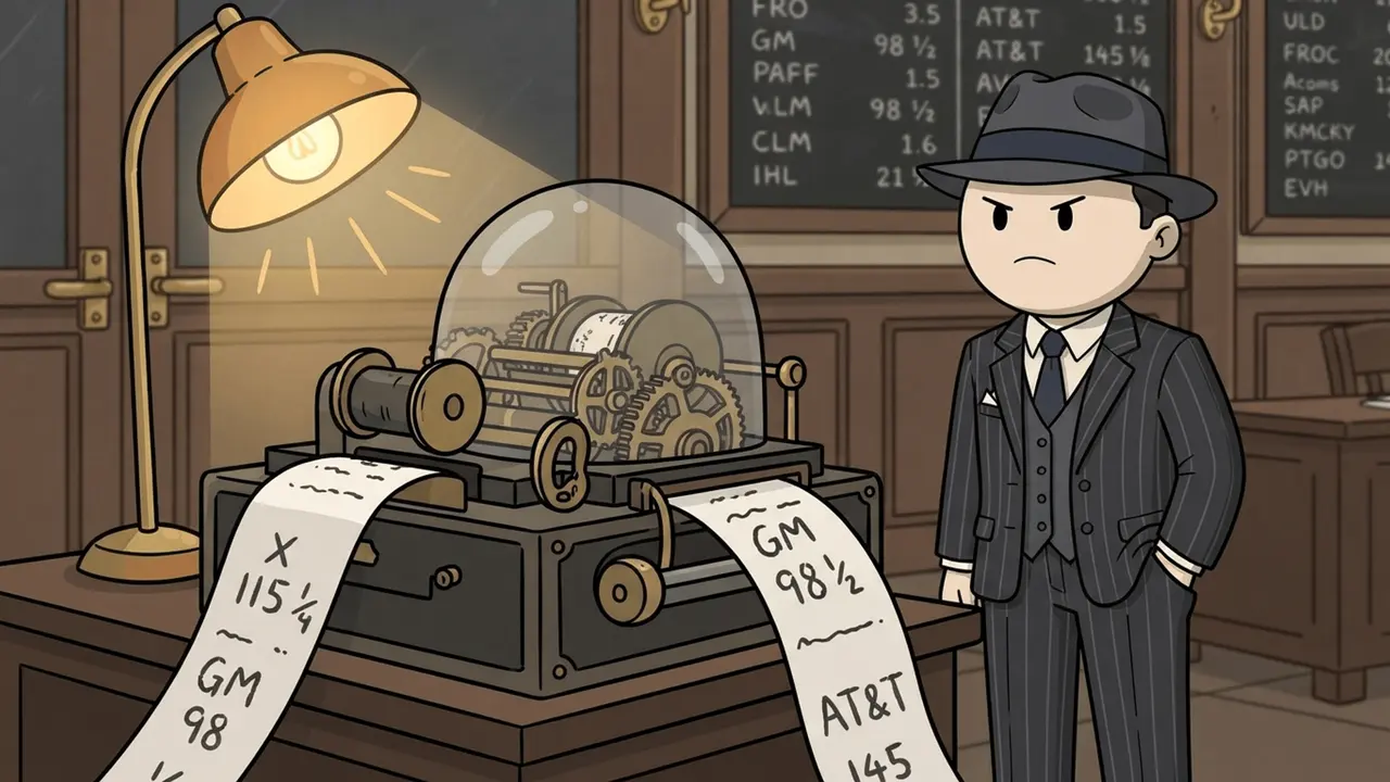A broker in a fedora beside a stock ticker spilling paper tape