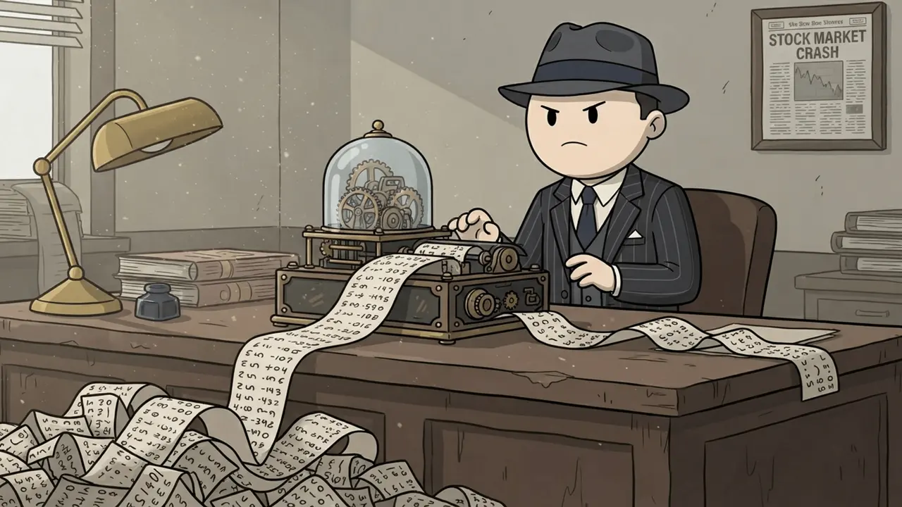The broker at his desk as the ticker runs wild