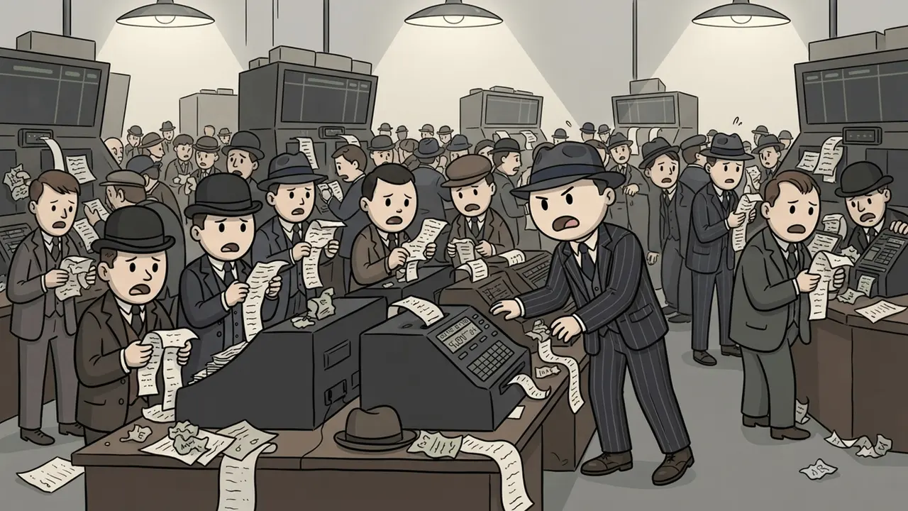 A crowded trading floor of anxious traders