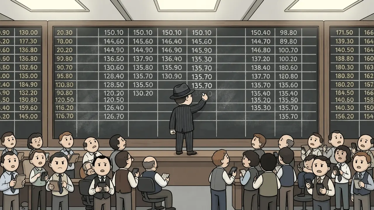 Traders under a quote board of falling prices