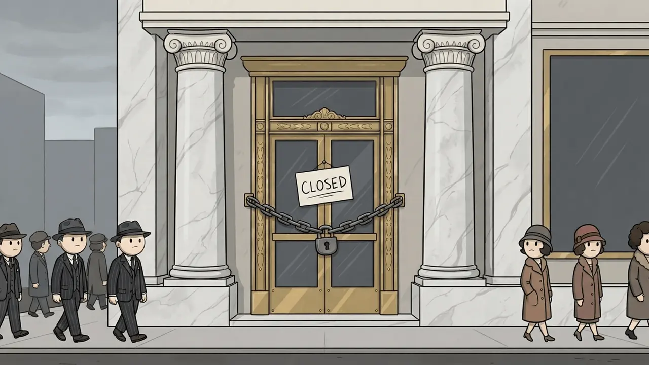 A grand bank with a closed sign chained to its doors