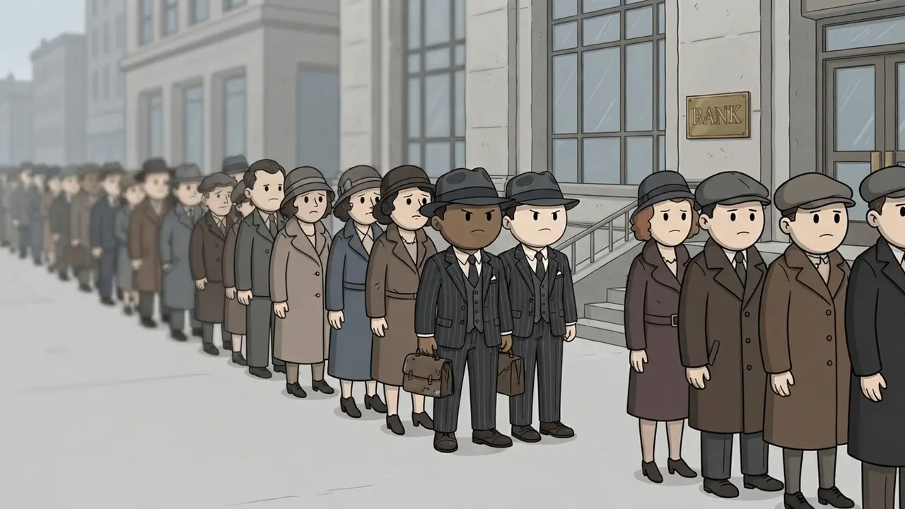 A long line of people waiting outside a bank