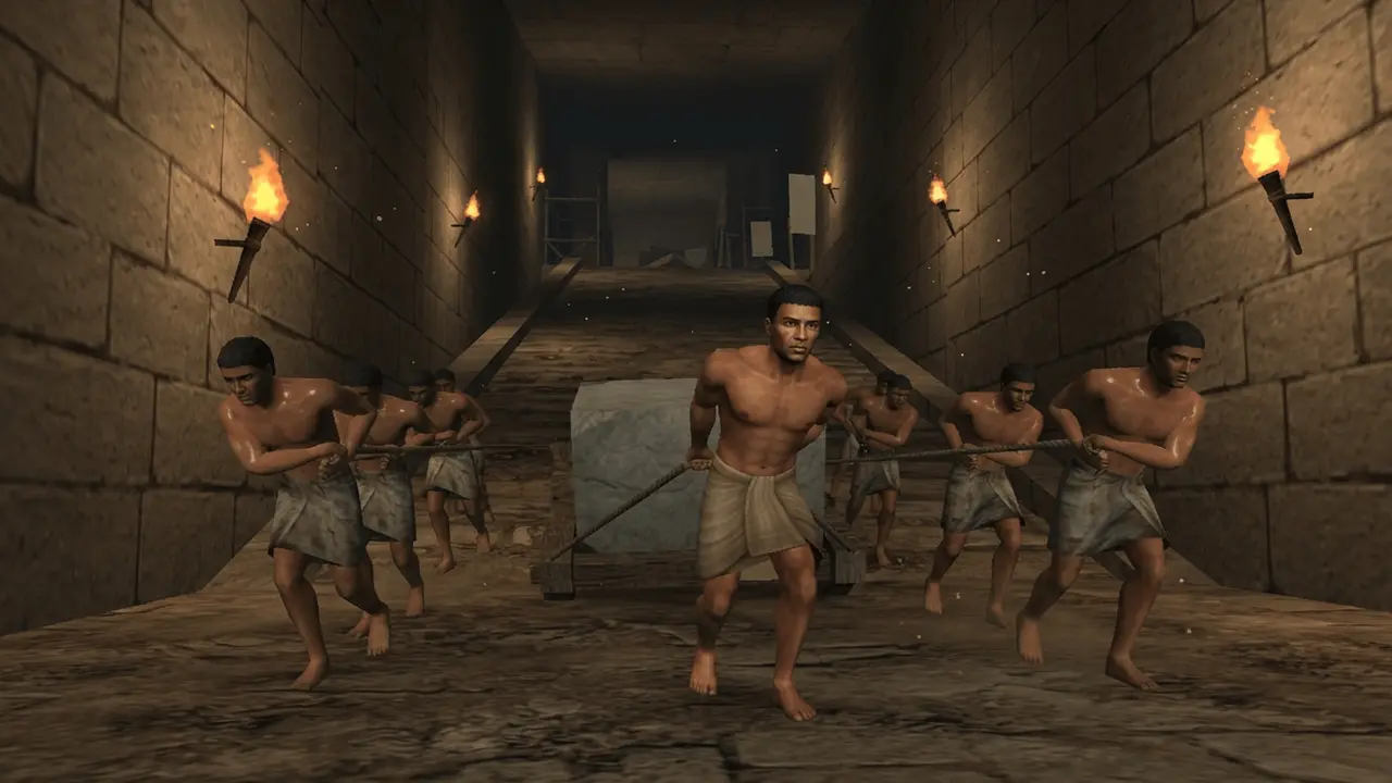 A gang drags a block up a torch-lit corridor inside the pyramid