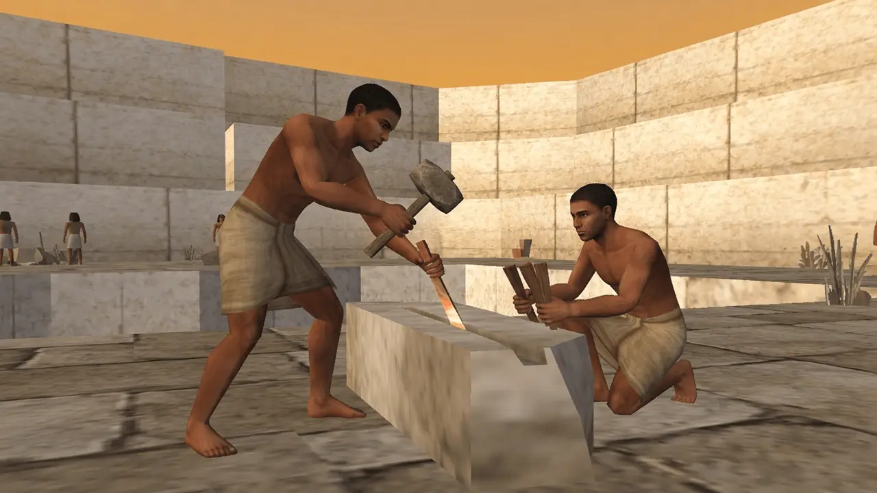 Two quarrymen cut stone with mallets and chisels