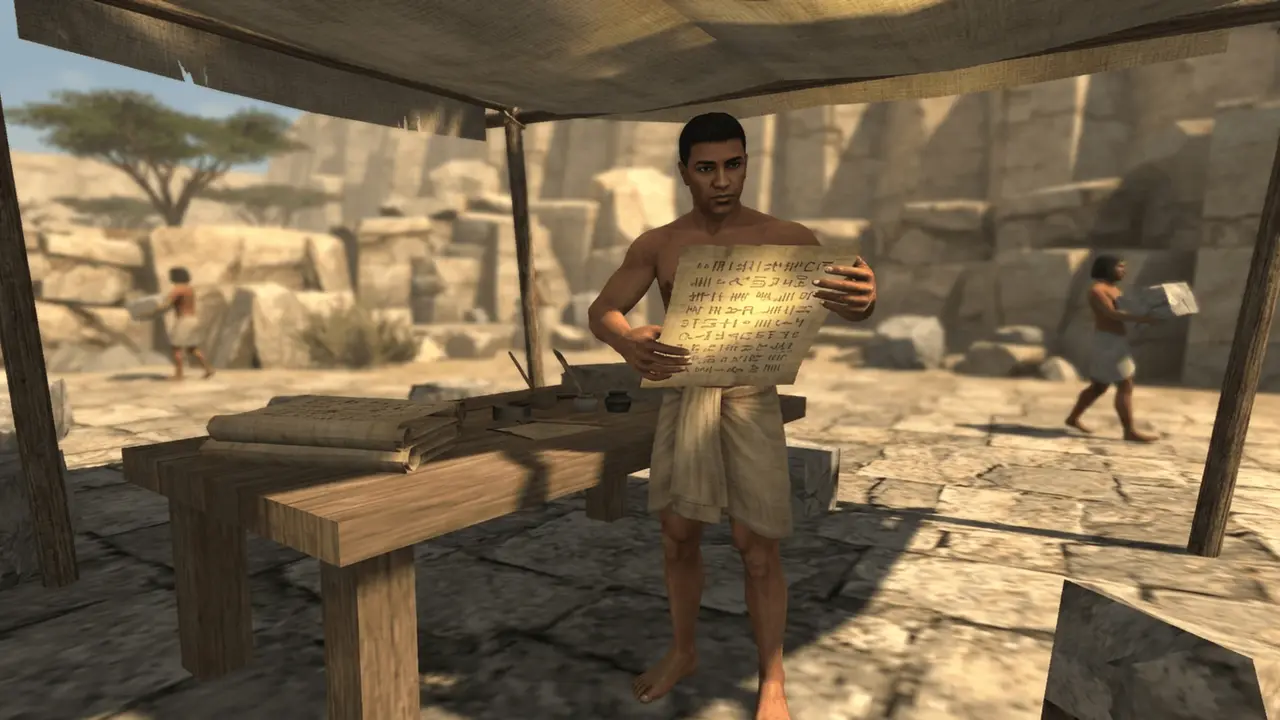 A foreman reads a papyrus record under a canopy