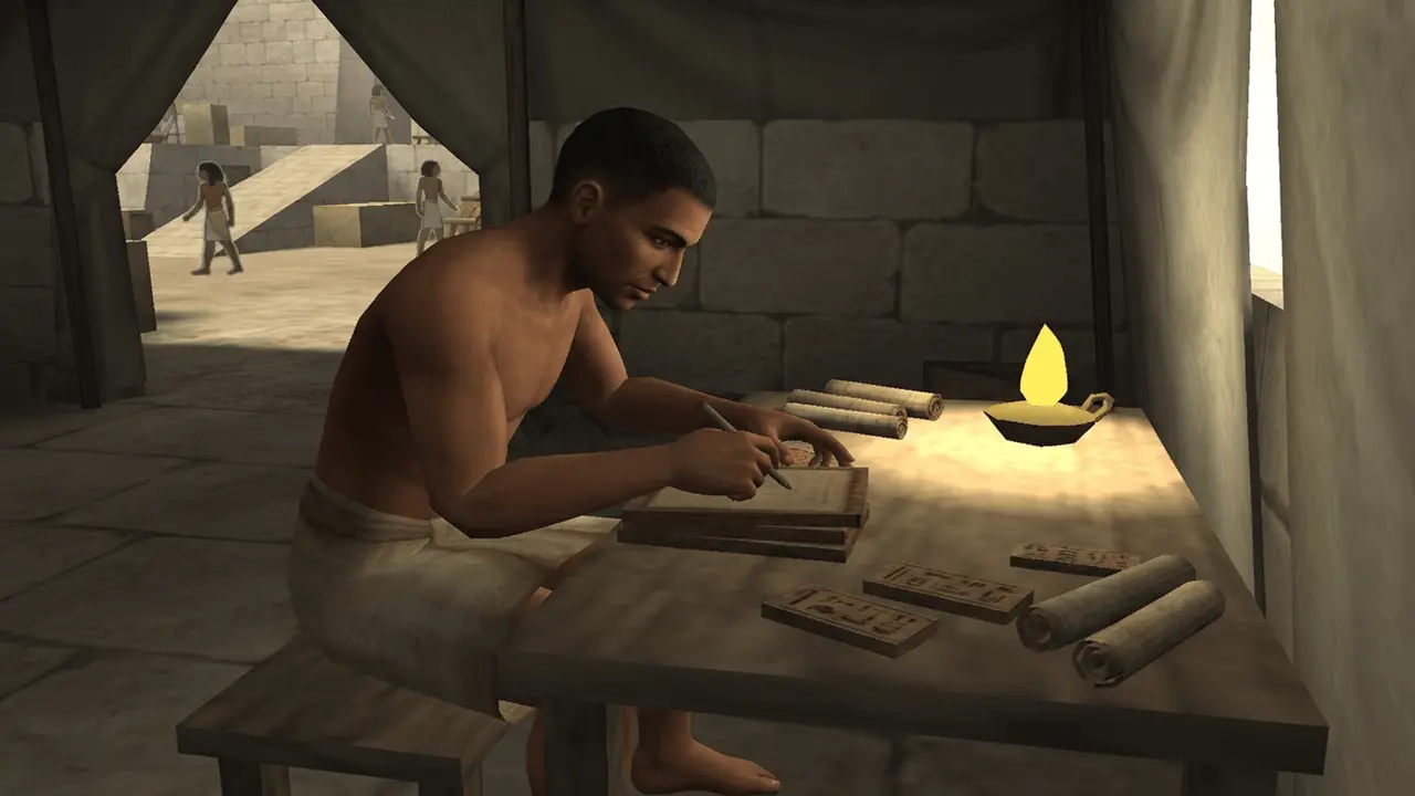 A scribe writes by lamplight