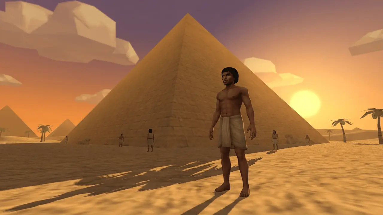 A worker before the Great Pyramid at sunset