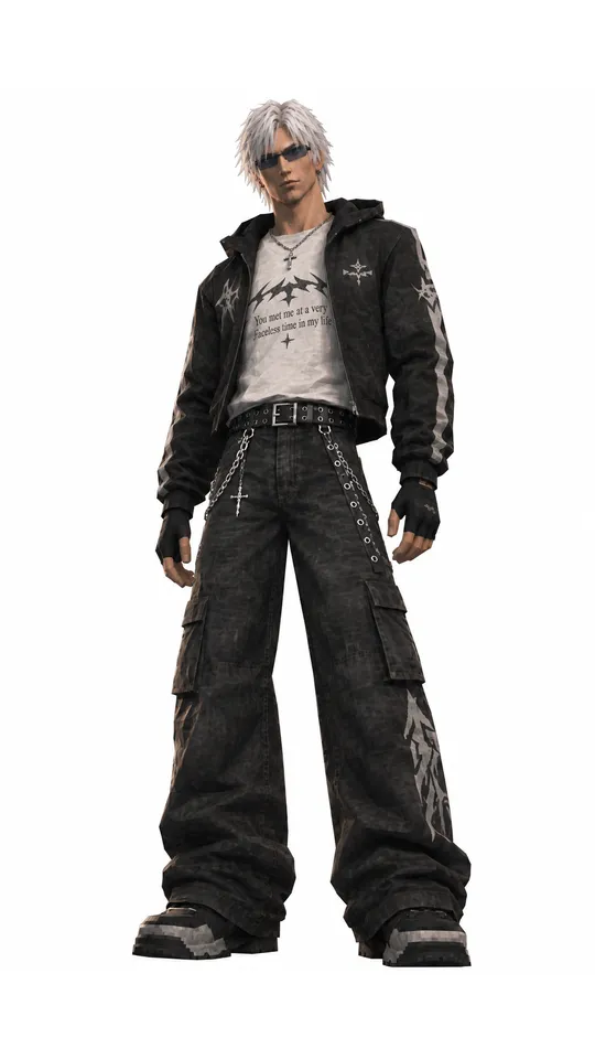 Raven, a PS2-style character with white hair, blue sunglasses, a black hooded jacket and wide cargo jeans