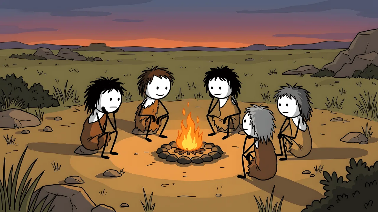 Stick figures in fur clothes around a campfire at dusk
